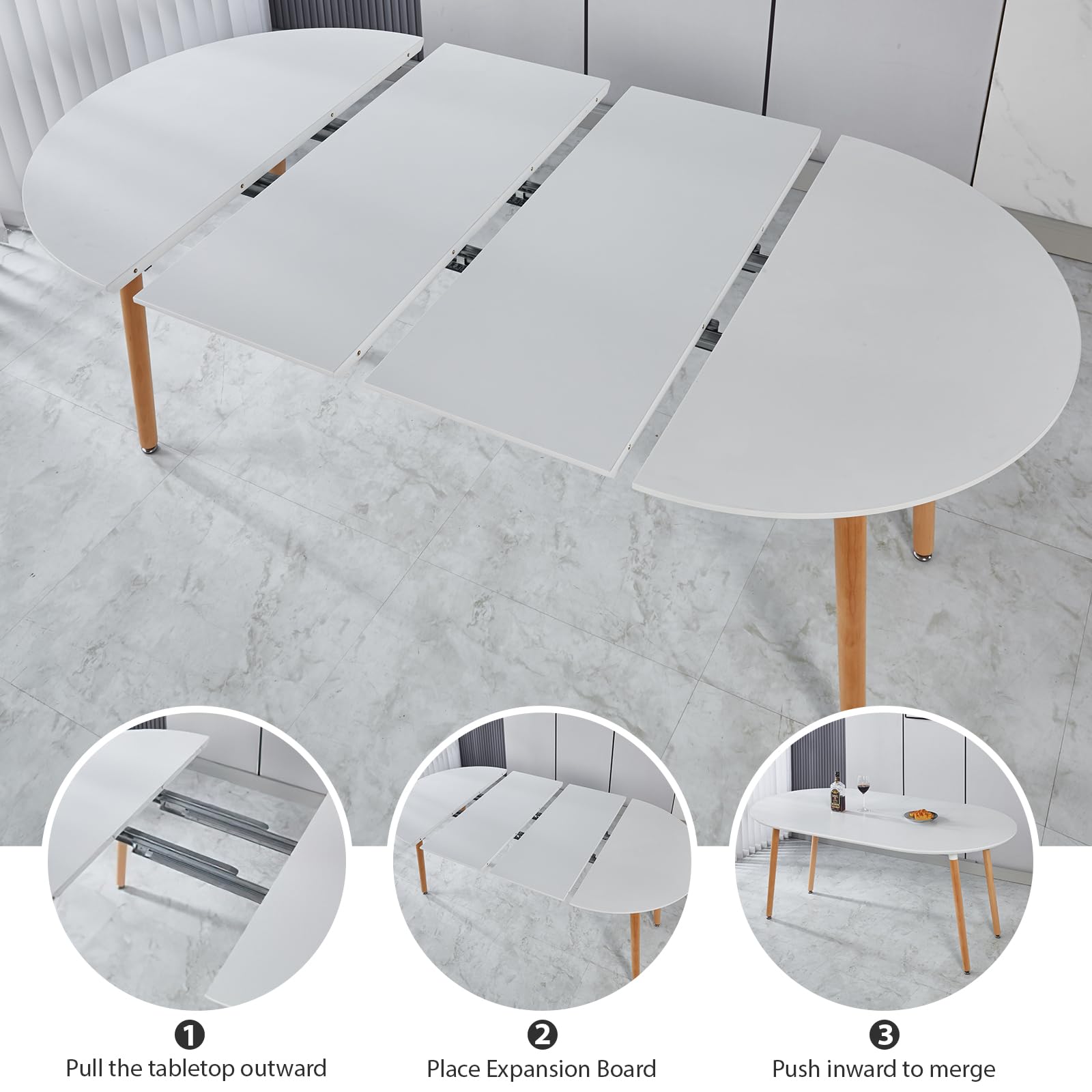 Modern Oval Extendable Dining Table for 4-8 People - Solid Wood & Metal Frame with MDF Tabletop (40