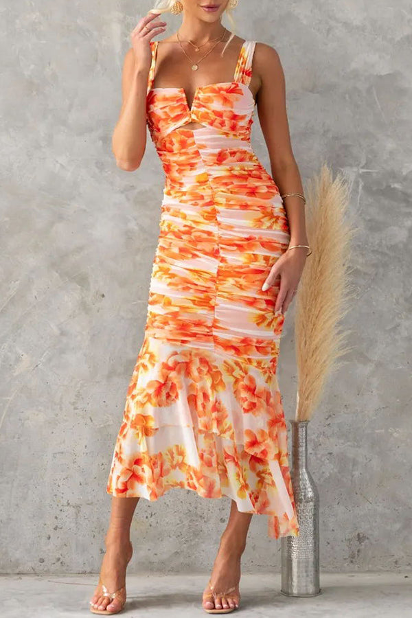 Floral Ruched Mesh Overlay Ruffle Hem Maxi Dress - Elegant Women's Summer Party & Wedding Guest Dress for Beach Vacations & Special Occasions