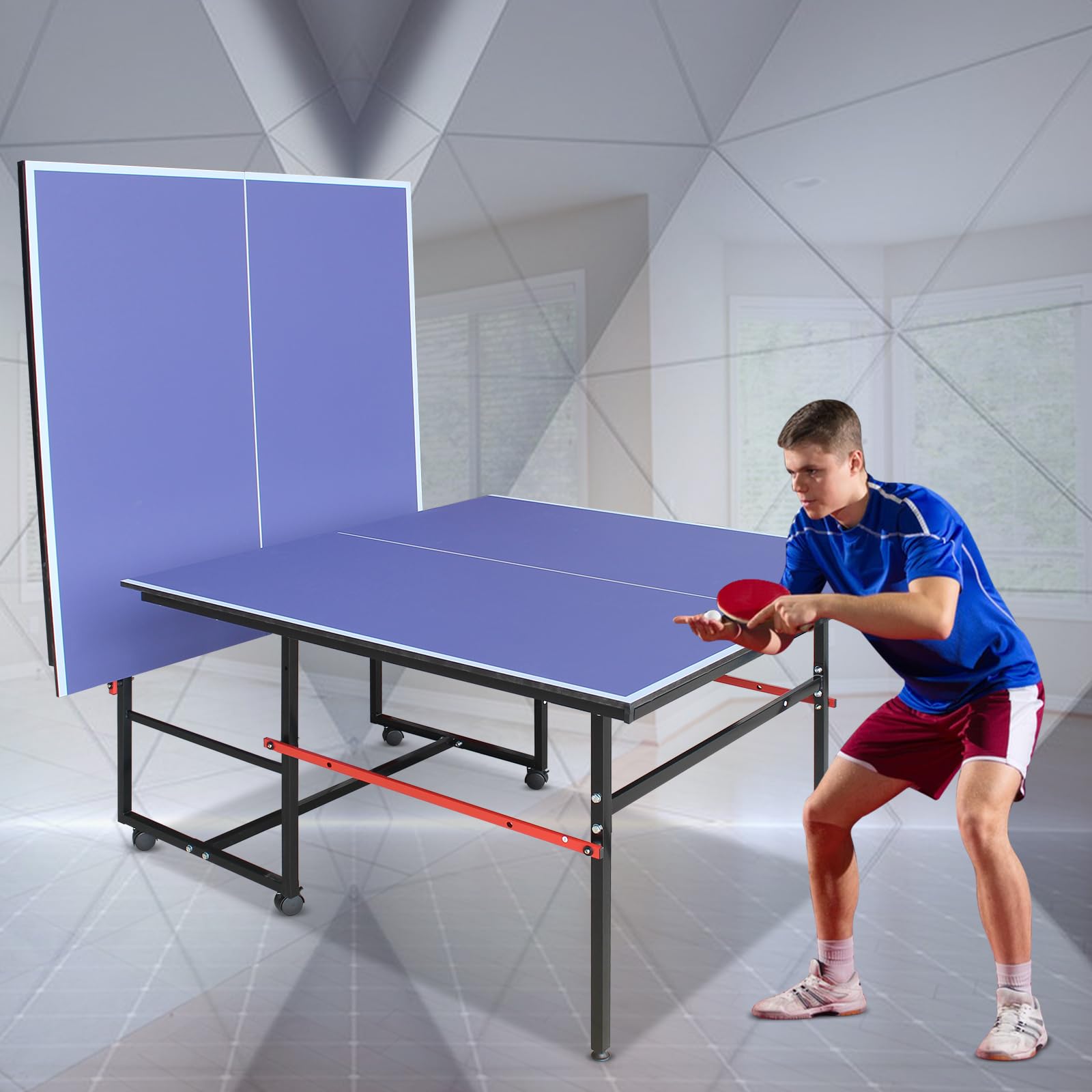 Premium Blue Folding Ping Pong Table with Wheels - Indoor & Outdoor Table Tennis Set Includes 2 Rackets, 3 Balls & Net - Perfect for Backyard Games, Family Fun & Sports Training