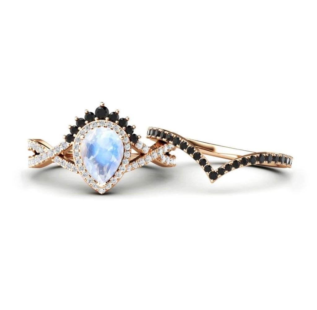 925 Sterling Silver Pear Shape Blue Moonstone Engagement Ring Set for Women - Wedding, Anniversary, Promise Ring - White Gold Plated, Size 5.5 - Perfect for Proposals, Bridal Jewelry & Special Occasions