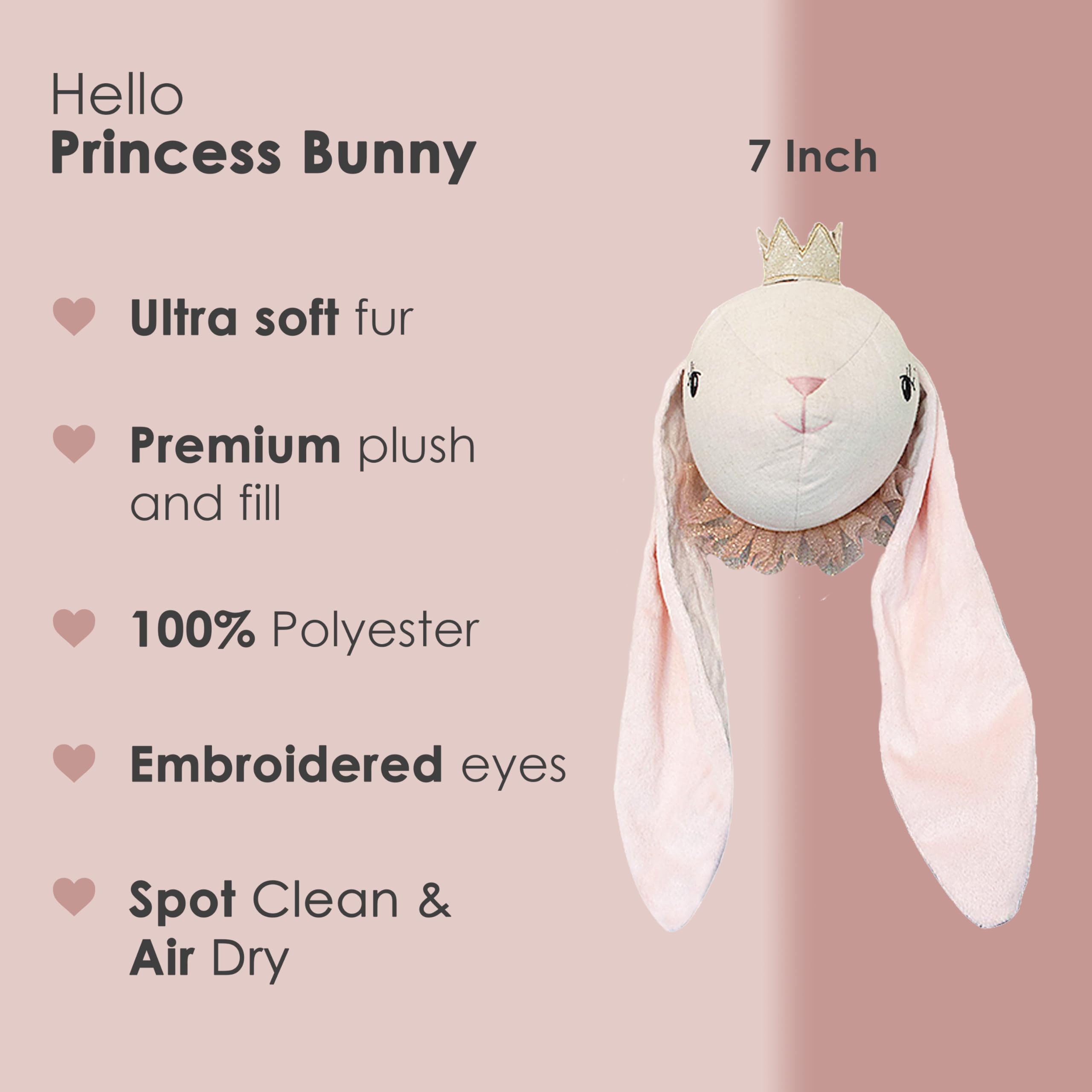 MON AMI Princess Bunny Stuffed Animal Head Wall Mount - 7 Inch Cute Plush Bunny Decor for Girls Room, Nursery Wall Art, Kids Bedroom Decor | Perfect for Baby Shower Gifts, Children's Birthday Presents & Nursery Themed Decorations