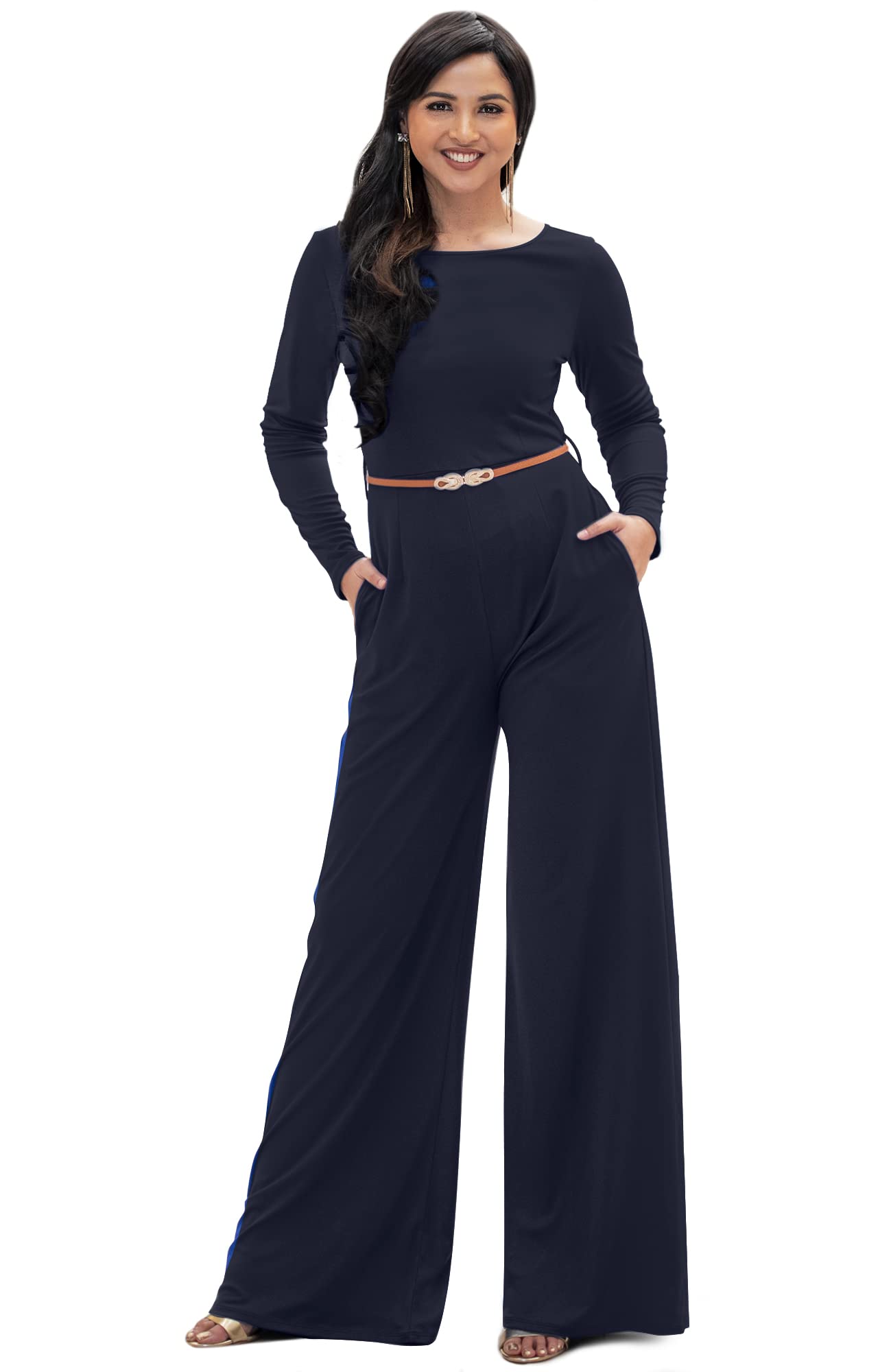 KOH KOH Women's Long Sleeve Wide Leg Belted Jumpsuit - Elegant Formal Cocktail Dress with Belt | Perfect for Office, Party & Special Occasions