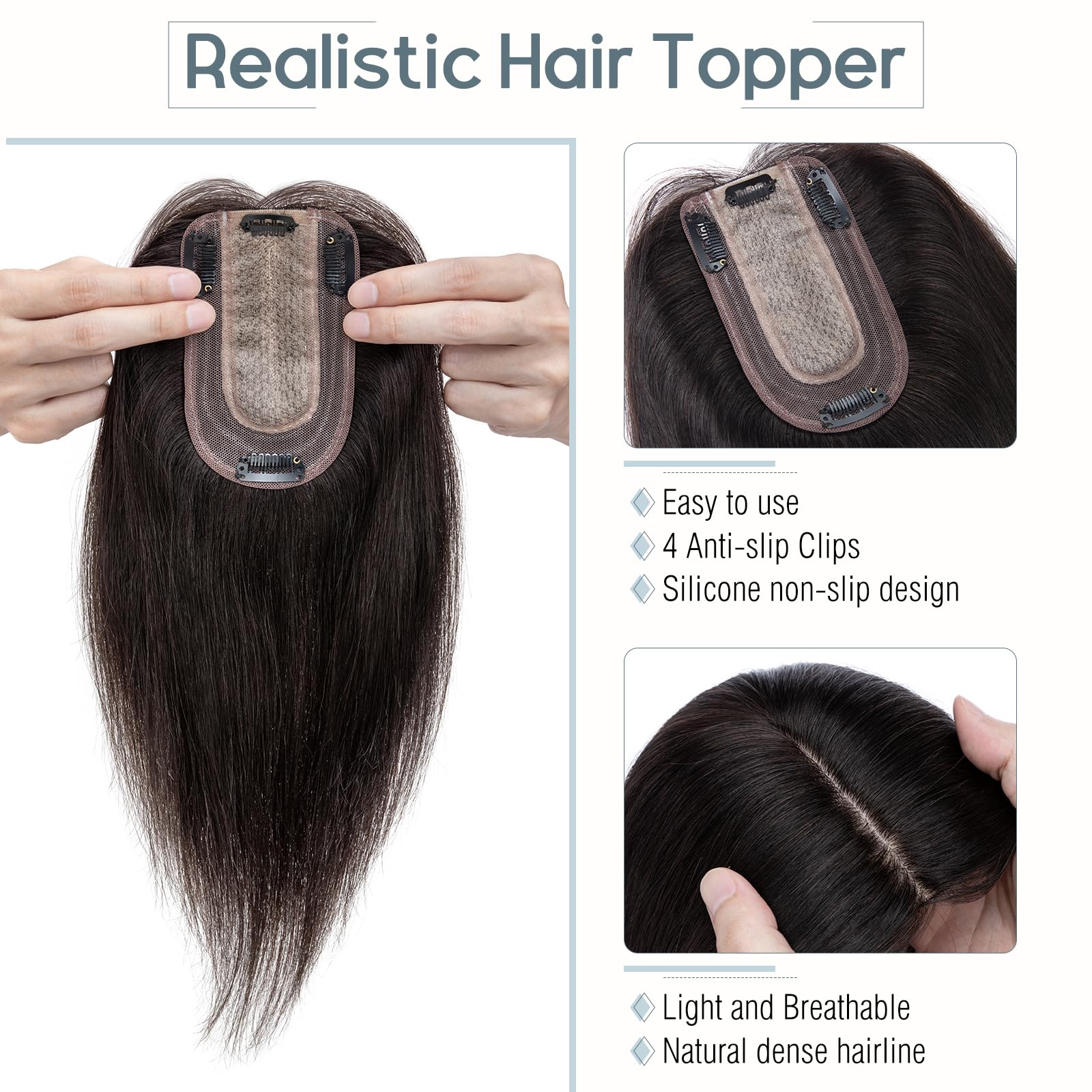 100% Human Hair Topper for Women - Remy Hair Silk Base Clip-in Topper 16