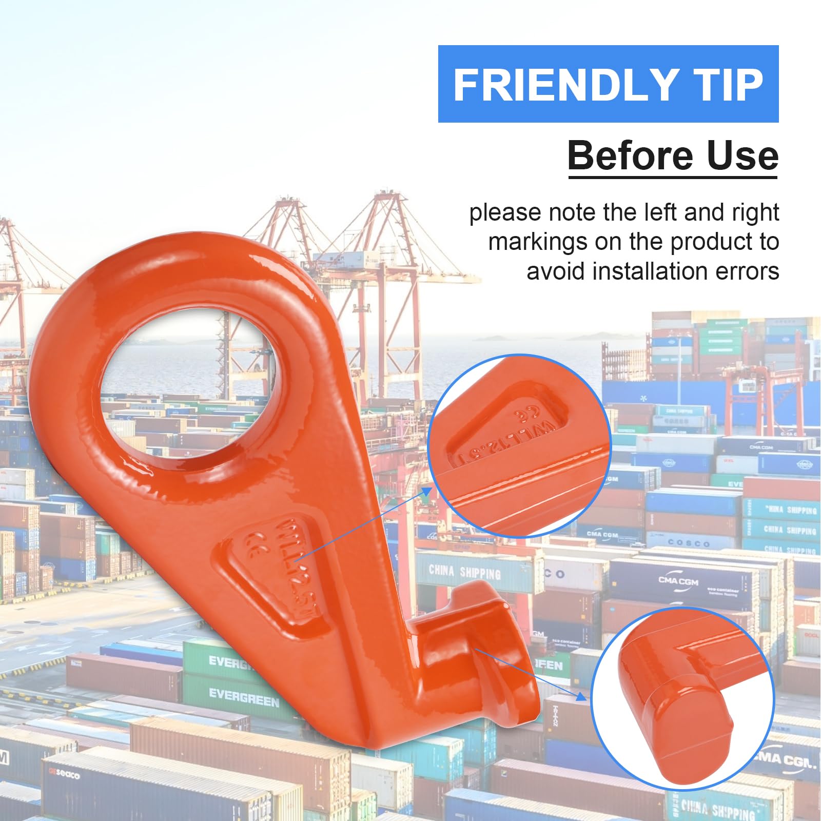 Heavy Duty 12.5T G80 Alloy Steel Shipping Container Lifting Hooks - 45 Degree Left & Right Design for Cargo Transport, Storage & Logistics (4 Pack) - Ideal for Port Operations, Warehouse Loading & Industrial Material Handling