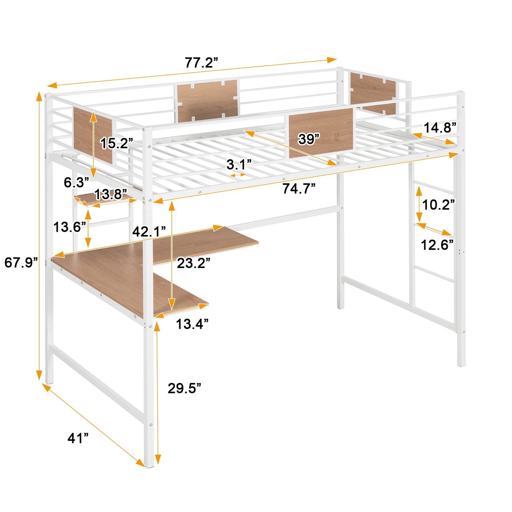 **White Twin Loft Bed with Desk & Bookcase - Metal Frame Kids Bunk Bed with Ladder & Safety Guard Rail - Perfect for Small Bedrooms, Dorms, or Shared Kids' Rooms**