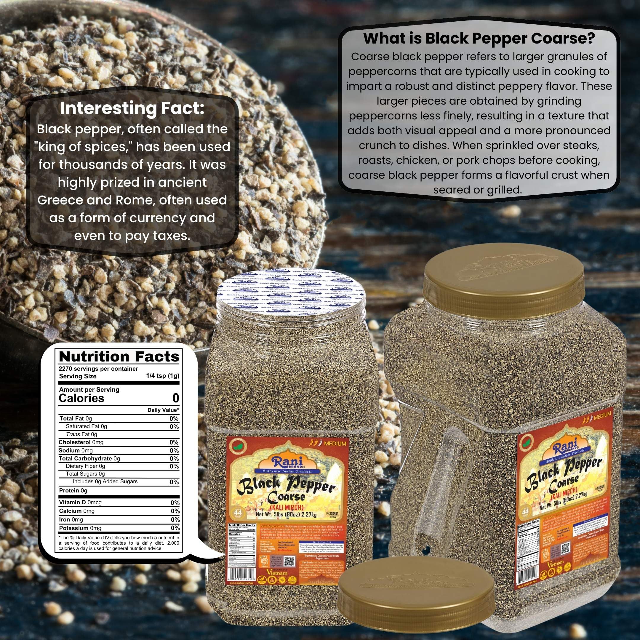 Rani Black Pepper Coarse Ground 28 Mesh (Table Grind) - 80oz (5lbs) 2.27kg Bulk PET Jar | All Natural, Vegan, Gluten Free, Non-GMO, Kosher Certified | Perfect for Cooking, Grilling & Seasoning