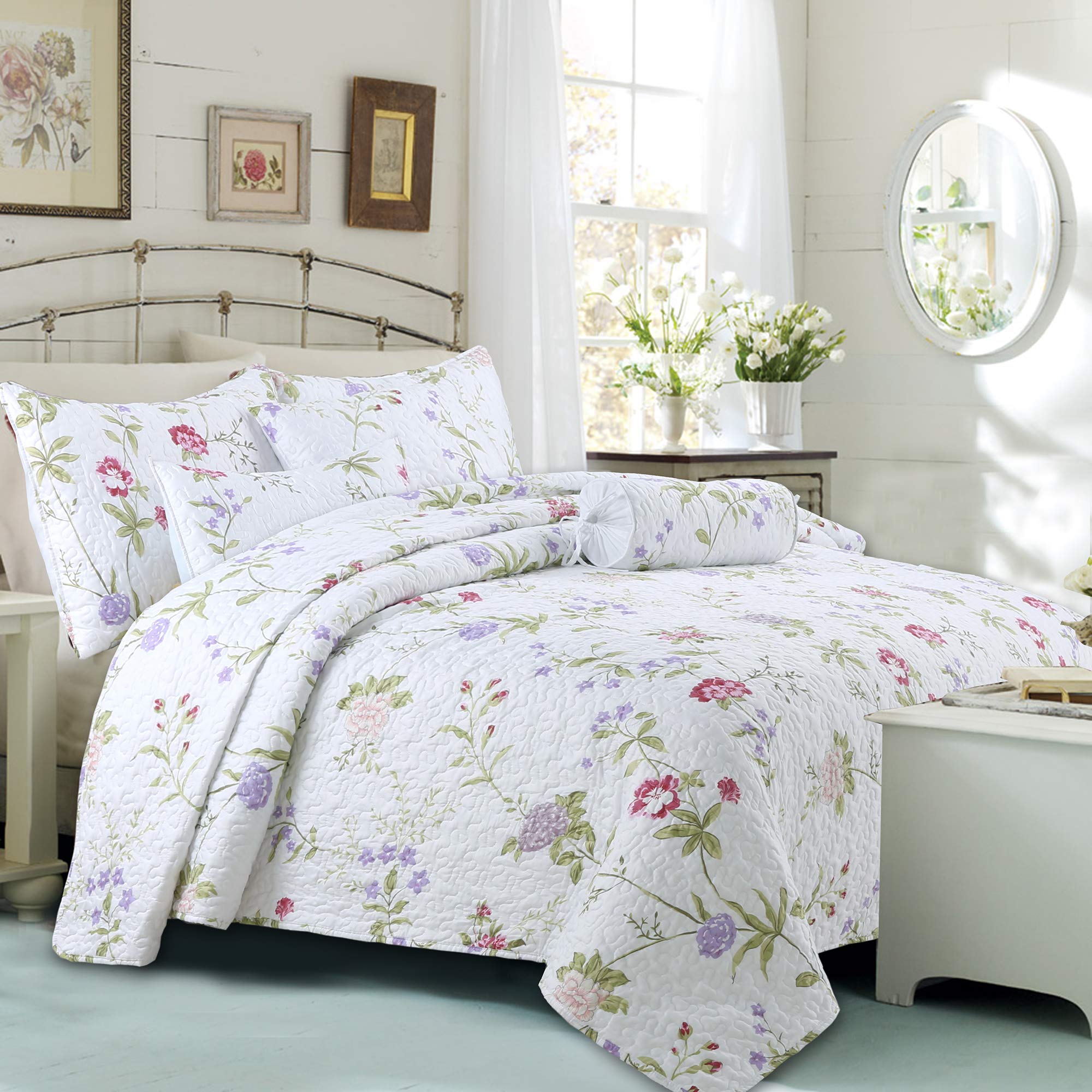 Floral Chintz Quilt Set 3-Piece Bedding Set - 100% Cotton Full/Queen Size Comforter, Pillow Shams & Bed Skirt - Soft & Breathable for Cozy Bedroom Decor - Perfect for Master Bedroom, Guest Room & Farmhouse Style Homes