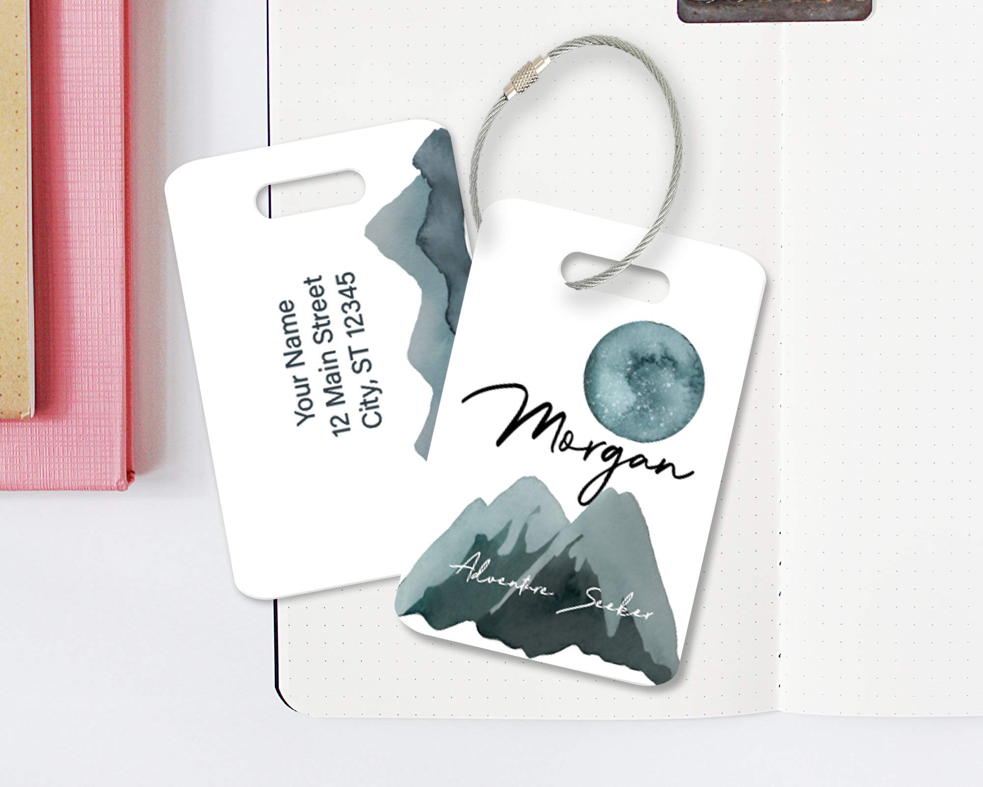 Personalized Name Luggage Tag - Mountains & Moon Design for Travel Bags & Suitcases | Perfect for Airports, Vacations & Gift Giving