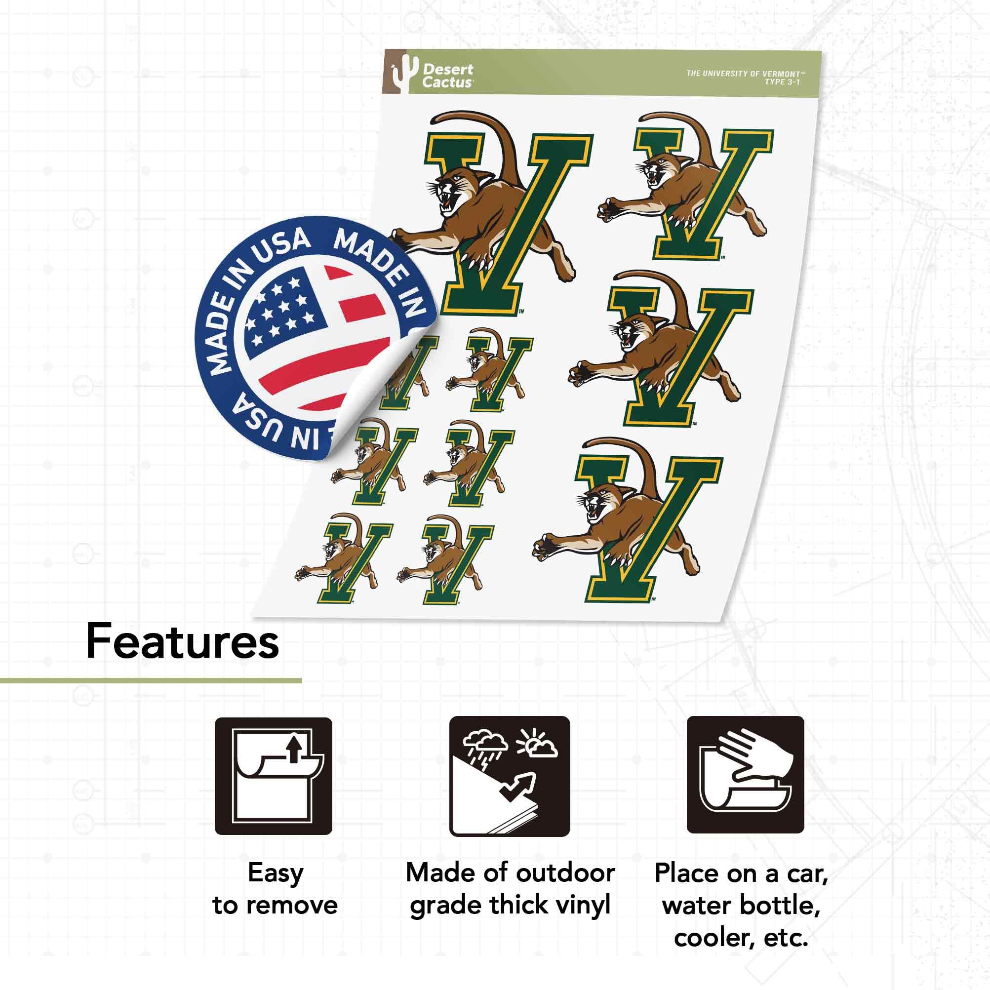 UVM Catamounts Vinyl Decal Sticker Set - Desert Cactus Design for Laptop, Water Bottle, Car & Scrapbook (13.43x10.98 Inch Sheet) - Perfect for University of Vermont Fans, School Spirit & College Dorm Decor