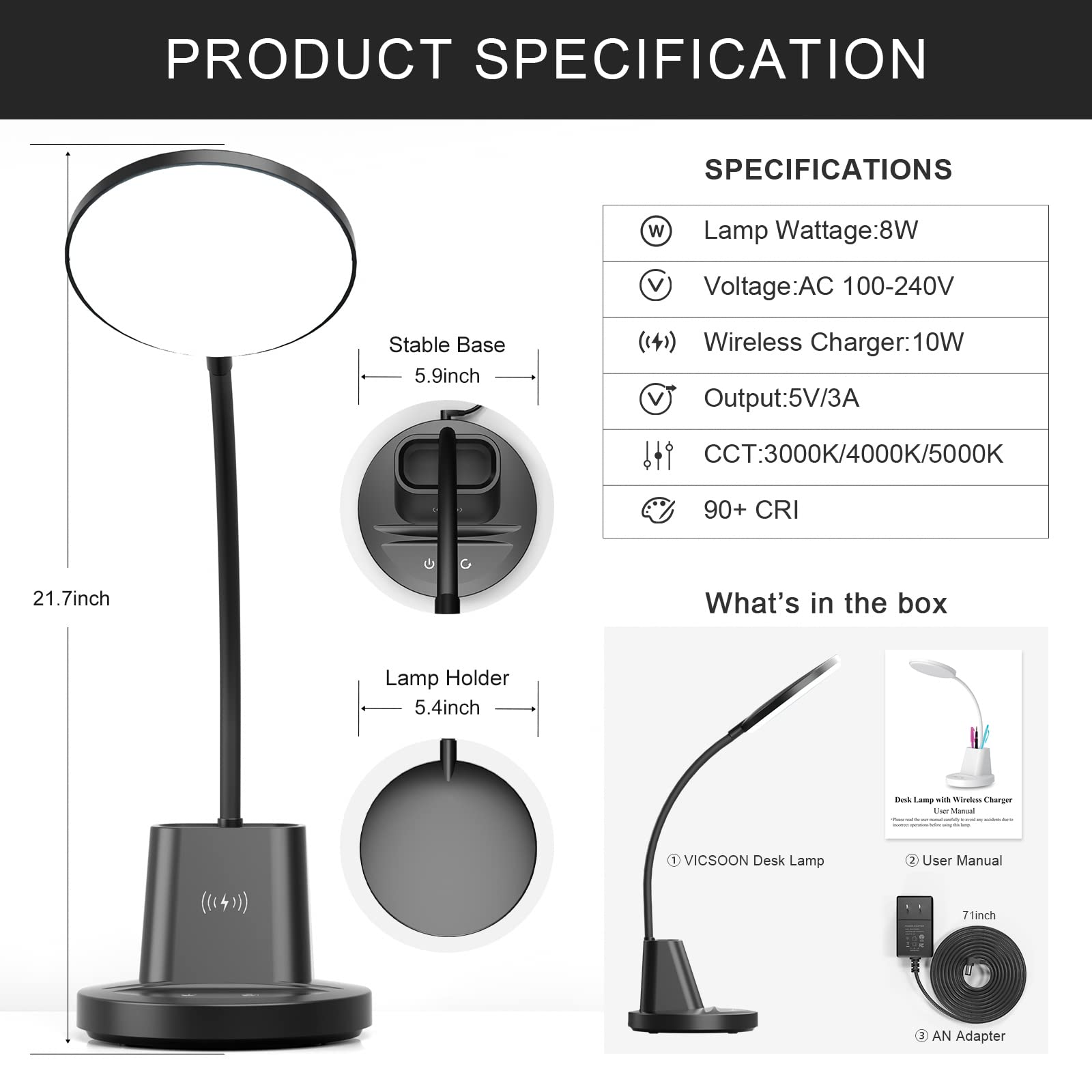 Wireless Charging LED Desk Lamp - Dimmable Eye-Caring Light for Home Office & Study with 3 Color Modes, Perfect for Work & Reading