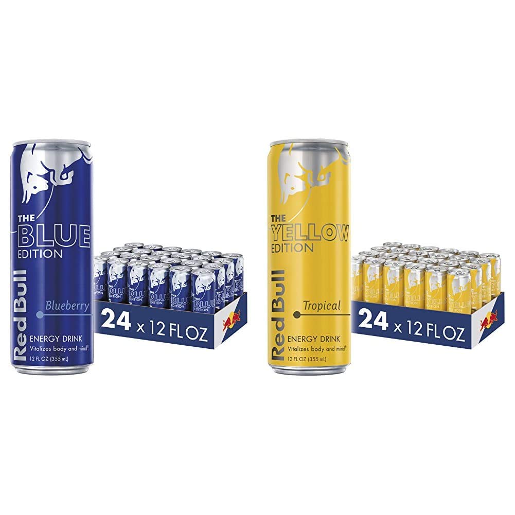 Red Bull Energy Drink Blue Edition & Yellow Edition Tropical - 24 Cans Each | Sugar-Free Energy Boost for Workouts, Gaming & Late Night Study Sessions