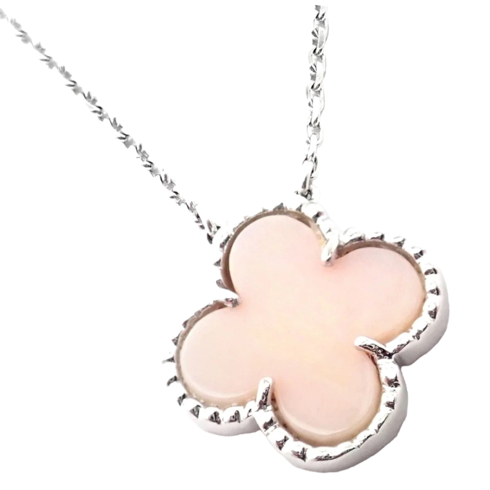 Authentic Van Cleef & Arpels Alhambra 18k White Gold Pink Opal Necklace with Certification - Luxury Jewelry Gift for Women, Perfect for Weddings & Special Occasions