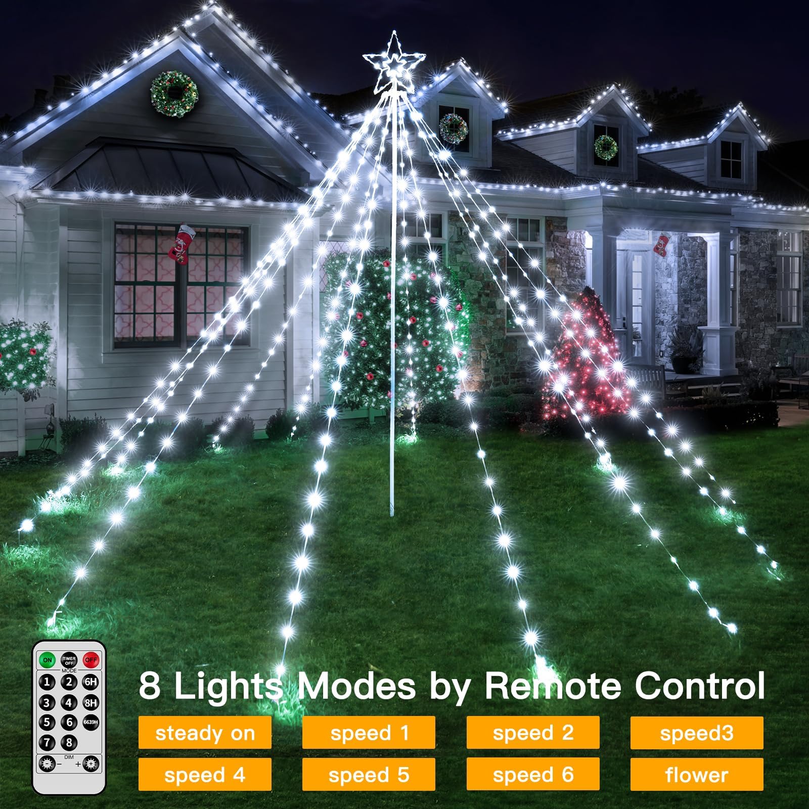 Shineshine 340LED Christmas Tree Lights - IP67 Waterproof Outdoor Holiday Decorations with Star Topper, 8 Lighting Modes & 3 Timers, Dimmable for Yard, Garden, Patio (White) HG-6V222C | Perfect for Christmas, New Year, Winter Decor & Outdoor Parties