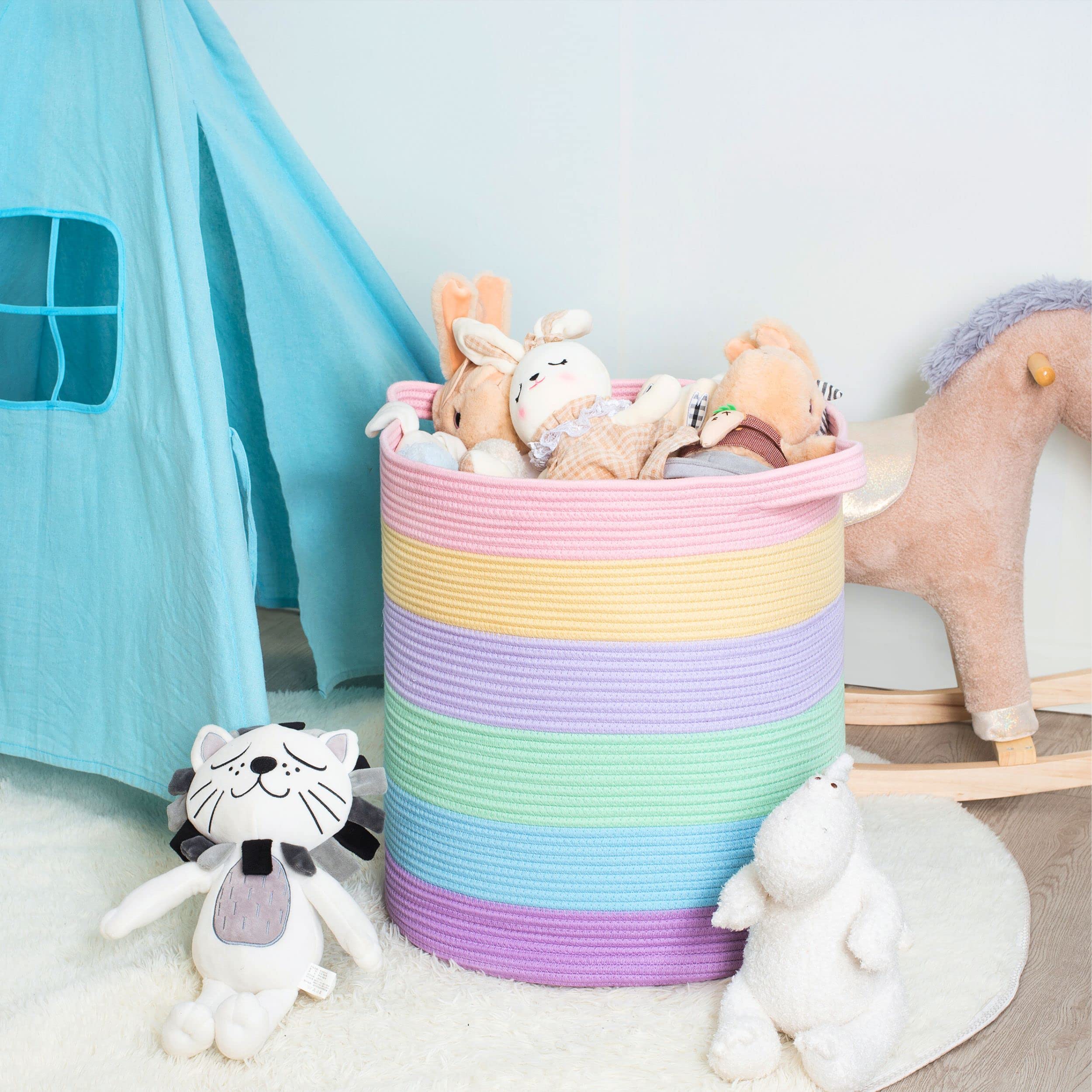MINTWOOD Extra Large 20x18 Inch Woven Cotton Rope Storage Basket - Pastel Rainbow Laundry Hamper, Blanket Organizer for Bedroom, Living Room & Nursery - Perfect for Towels, Pillows, Toys & Home Decor