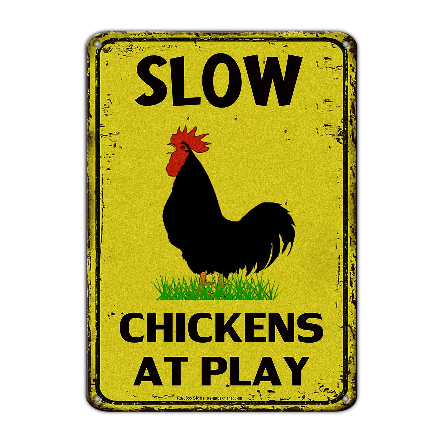 Slow Chickens at Play Caution Sign - 14x10 Inch Reflective Aluminum Metal Sign for Chicken Crossing, Fade & UV Resistant, Weatherproof for 7 Years - Perfect for Farms, Backyards & Rural Road Safety