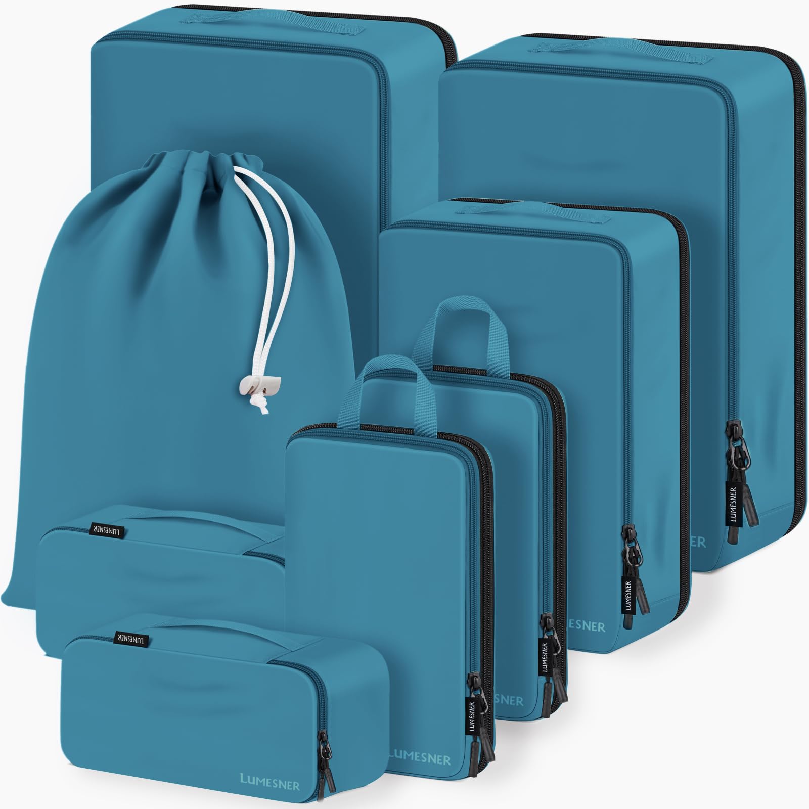 Lumesner 8-Piece Compression Packing Cubes Set for Travel - Space Saving Suitcase Organizers for Carry-On Luggage (Blue) | Perfect for Business Trips, Vacations & Weekend Getaways
