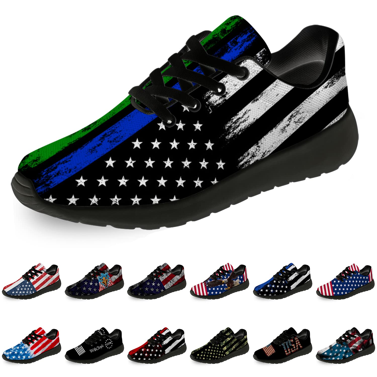 **Men's & Women's Patriotic Thin Blue Green Red Line Running Shoes - American Flag Tennis Sneakers for Walking & Running - Size 10.5 Men / 12 Women - Black - Perfect for Police, Firefighters & Military Support Gifts**