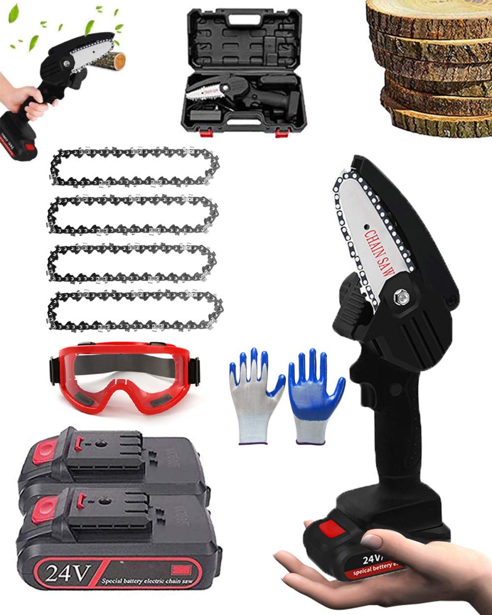 Mini Chainsaw Cordless - Portable Battery Powered Electric Handheld Chain Saw with Lithium Battery & Case - Perfect for Tree Trimming, Pruning, and DIY Wood Cutting Projects (Black)