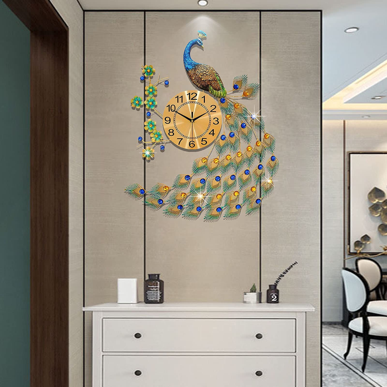 30.7 Inch Large Peacock Wall Clock - Silent Non-Ticking Metal Art Digital Clock for Living Room, Bedroom & Office Decor | Elegant Home Wall Decor