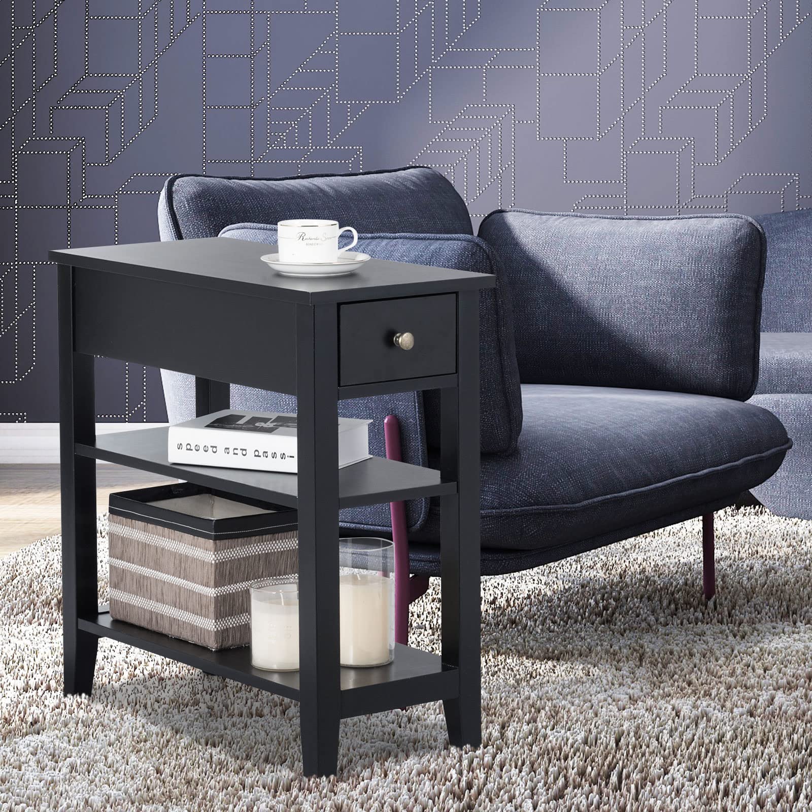 KOTEK 3-Tier Narrow End Table with Drawer & Open Shelf - Slim Nightstand for Bedroom, Living Room & Office - Modern Side Table with Storage (Black) - Perfect for Small Spaces, Apartments & Dorm Rooms