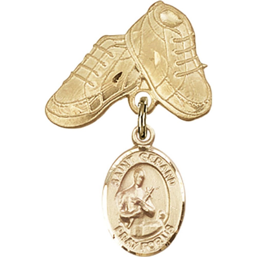 Gold Filled St. Gerard Baby Badge Charm with Tiny Boots Pin - 1 X 5/8 Inch Religious Jewelry for Baptism, Christening & Newborn Blessing Gifts