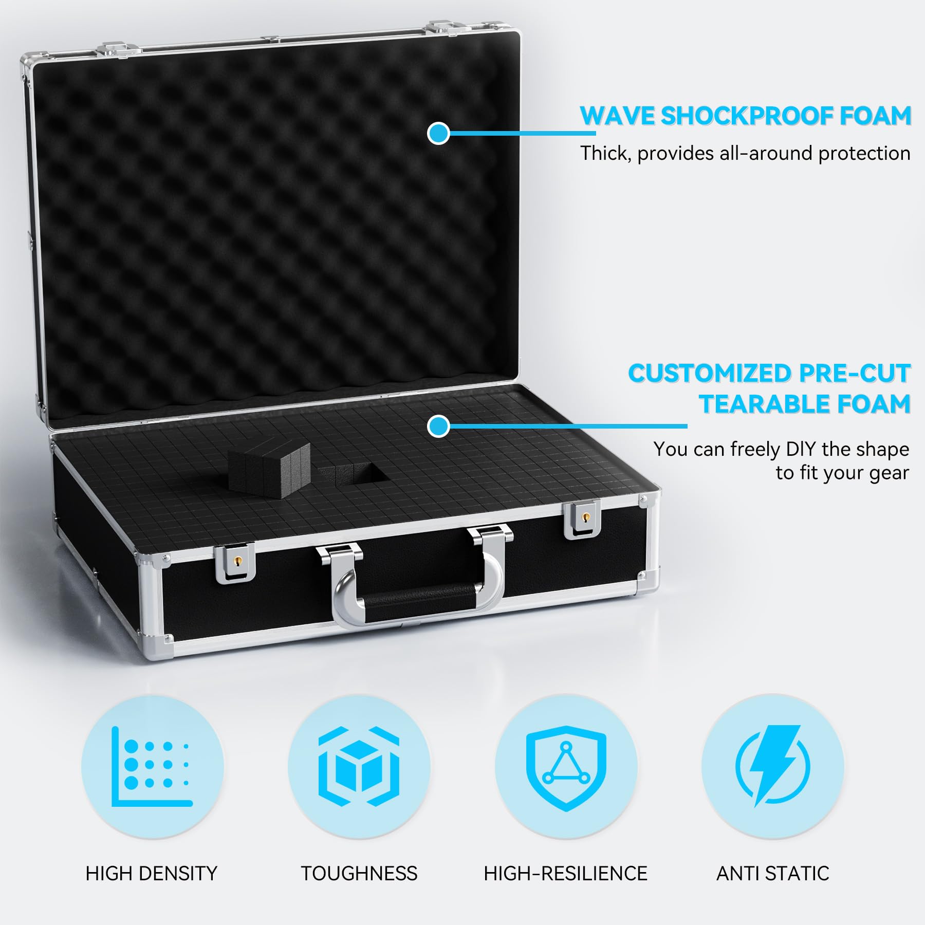 17 Inch Hard Shell Carrying Case - Heavy Duty Aluminum Alloy Protective Case with Customizable Foam Insert for Wireless Microphone Systems, Camera Equipment & Electronics - Perfect for Travel, Storage & Professional Gear Transportation (Black)