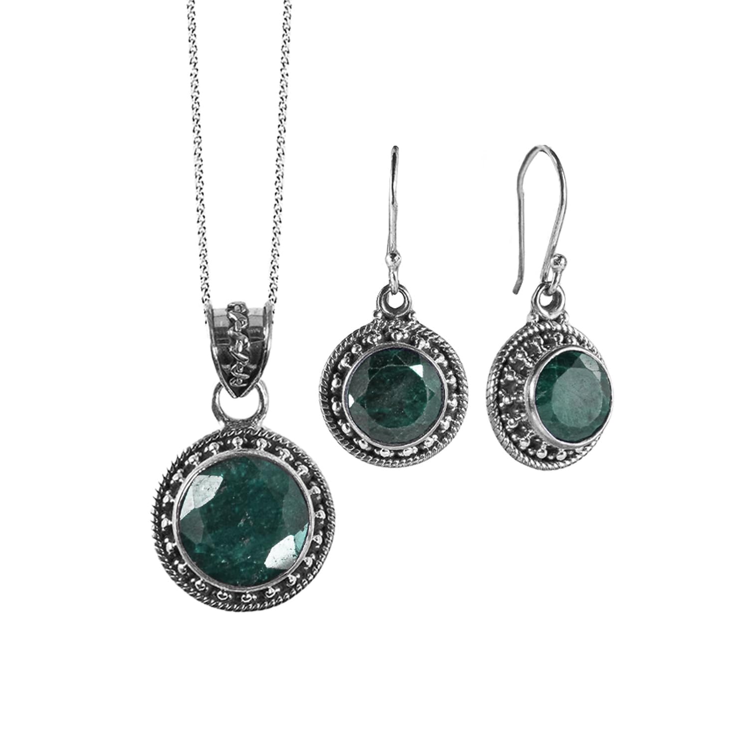 Natural Green Raw Emerald Jewelry Set in Sterling Silver - Women's Emerald Necklace and Earrings Gift Set with Beautiful Gift Box & Pouch - Perfect for Birthday, Anniversary, Valentine's Day & Special Occasions