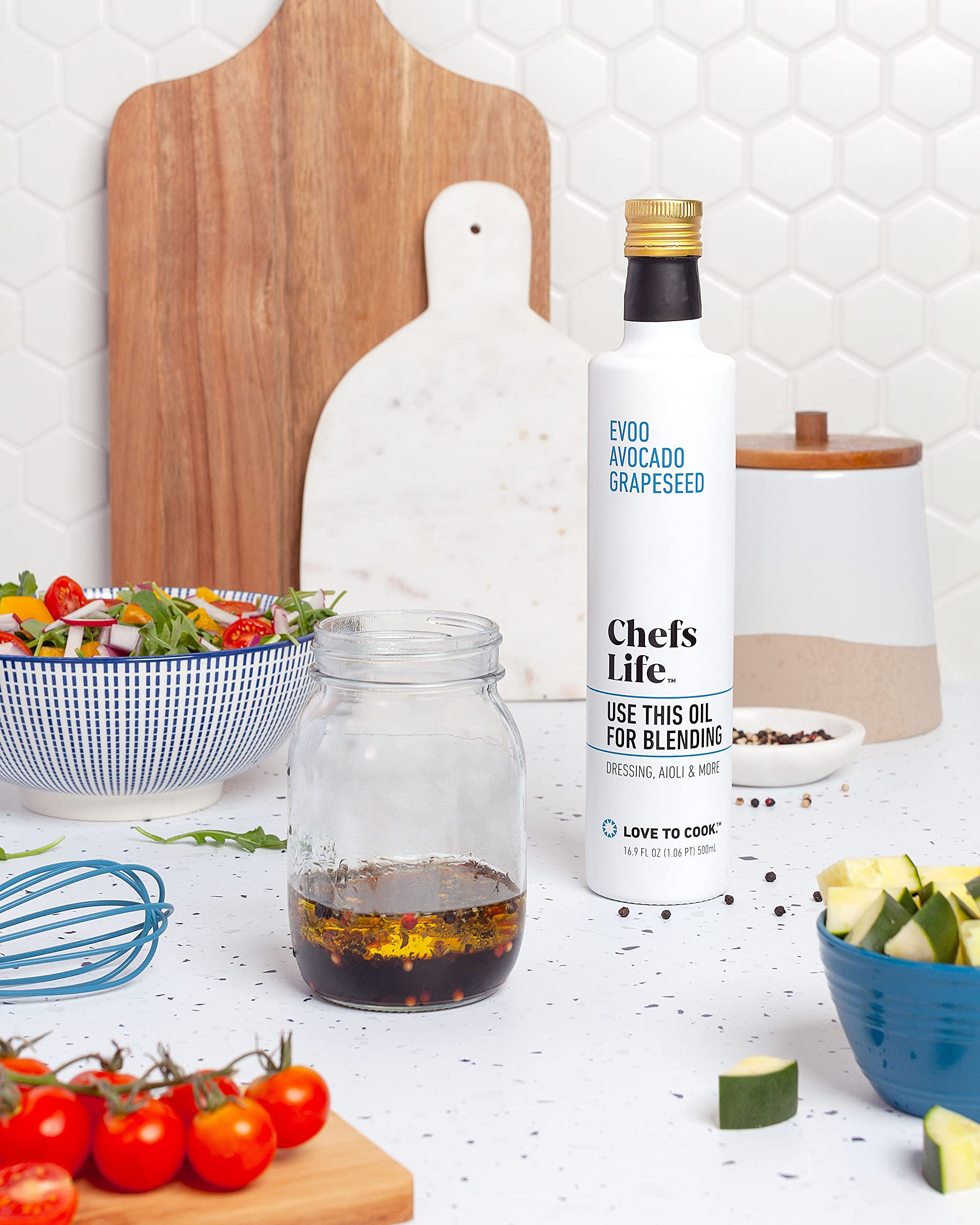 Chefs Life Premium Cooking Oil Blend - Extra Virgin Olive Oil, Avocado Oil & Grapeseed Oil - Non-GMO, Cold-Pressed for Healthy Cooking, Salad Dressing & Baking - 16.9 Fl Oz (500ml) Bottle - Perfect for Mediterranean Diet, Keto & Vegan Recipes