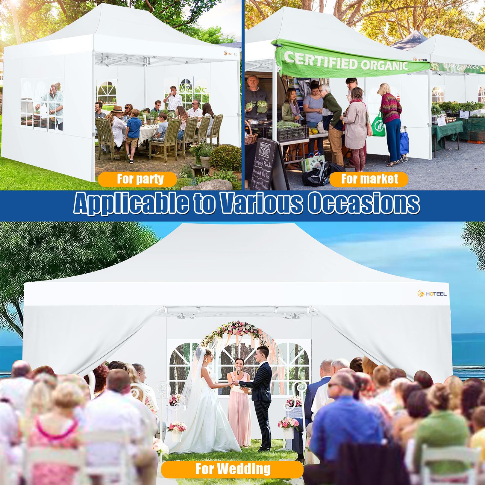 HOTEEL 10x15 Heavy Duty Pop Up Canopy Tent with 4 Sidewalls - Easy Setup Hexagonal Frame Commercial Gazebo for Outdoor Events, Weddings & Parties - Includes Roller Bag & Sand Bags (White) - Perfect for Backyard Gatherings, Farmers Markets & Beach Outings