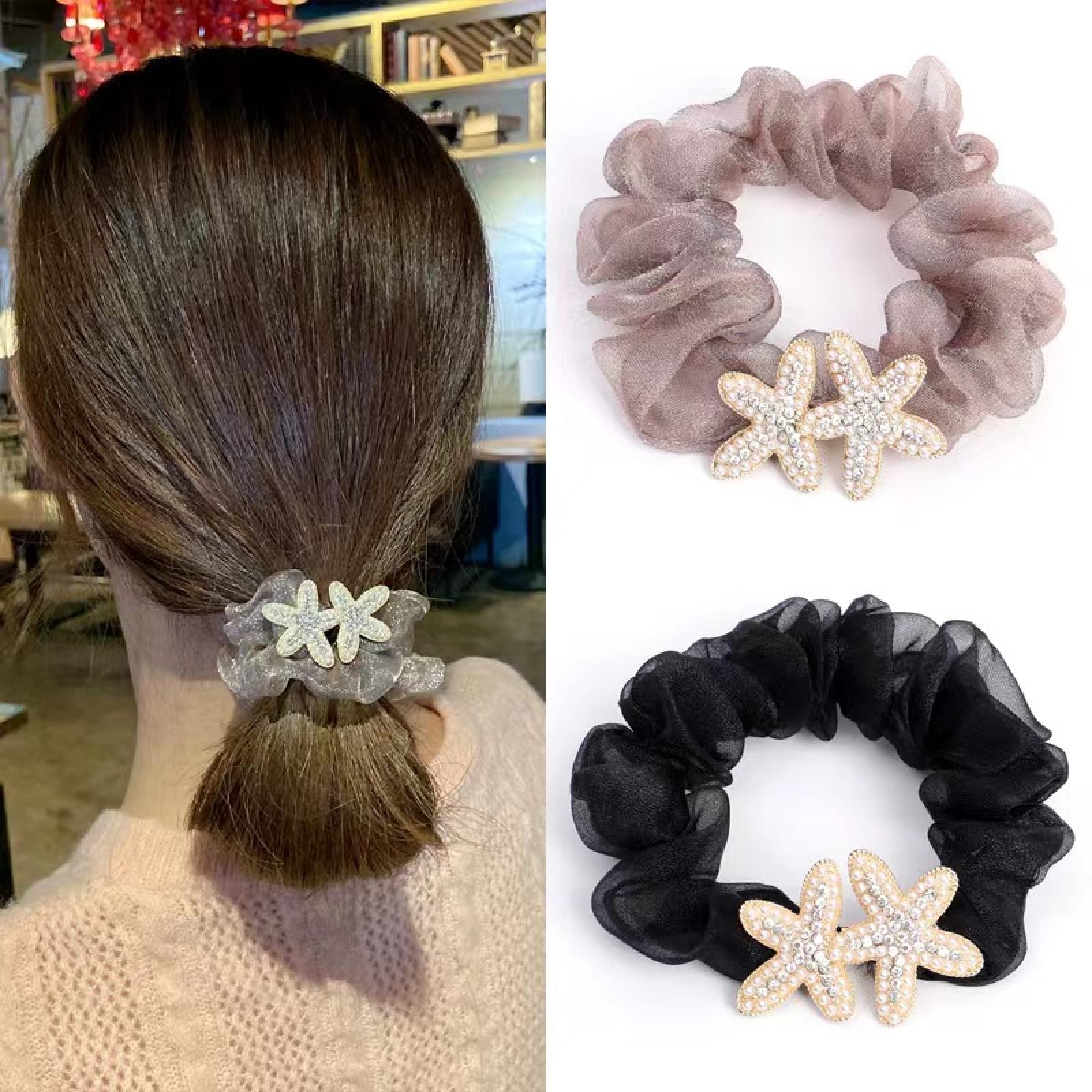 Luxury Rhinestone Organza Hair Scrunchies for Women - 3PCS Star Hair Ties, Elegant Hair Accessories for Parties, Weddings & Daily Use