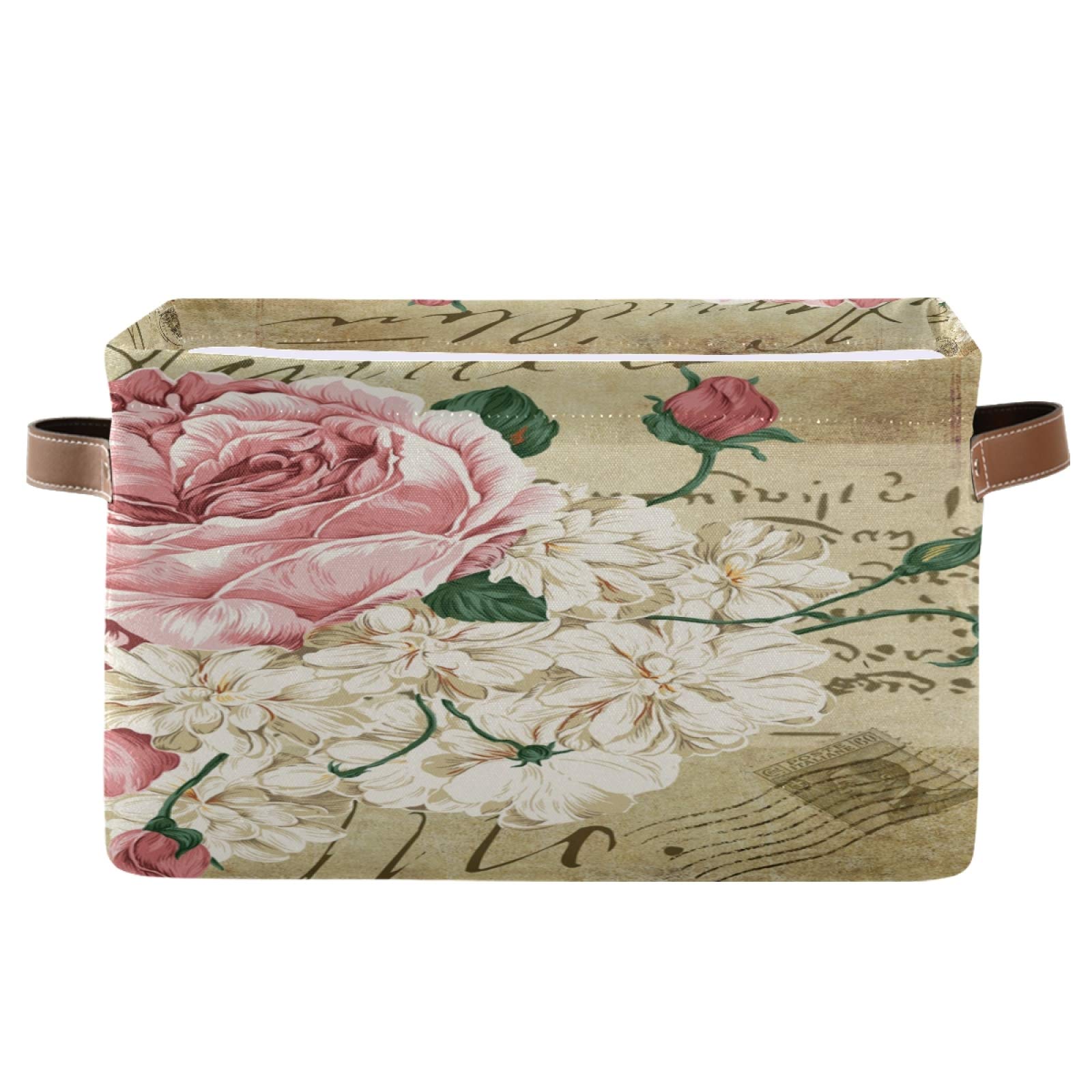 ALAZA Foldable Storage Bins - Vintage Shabby Chic Pink Rose Floral Storage Boxes for Closet, Shelf, Bedroom, Nursery | Organize Toys, Books & More | Space-Saving Home Decor Solution