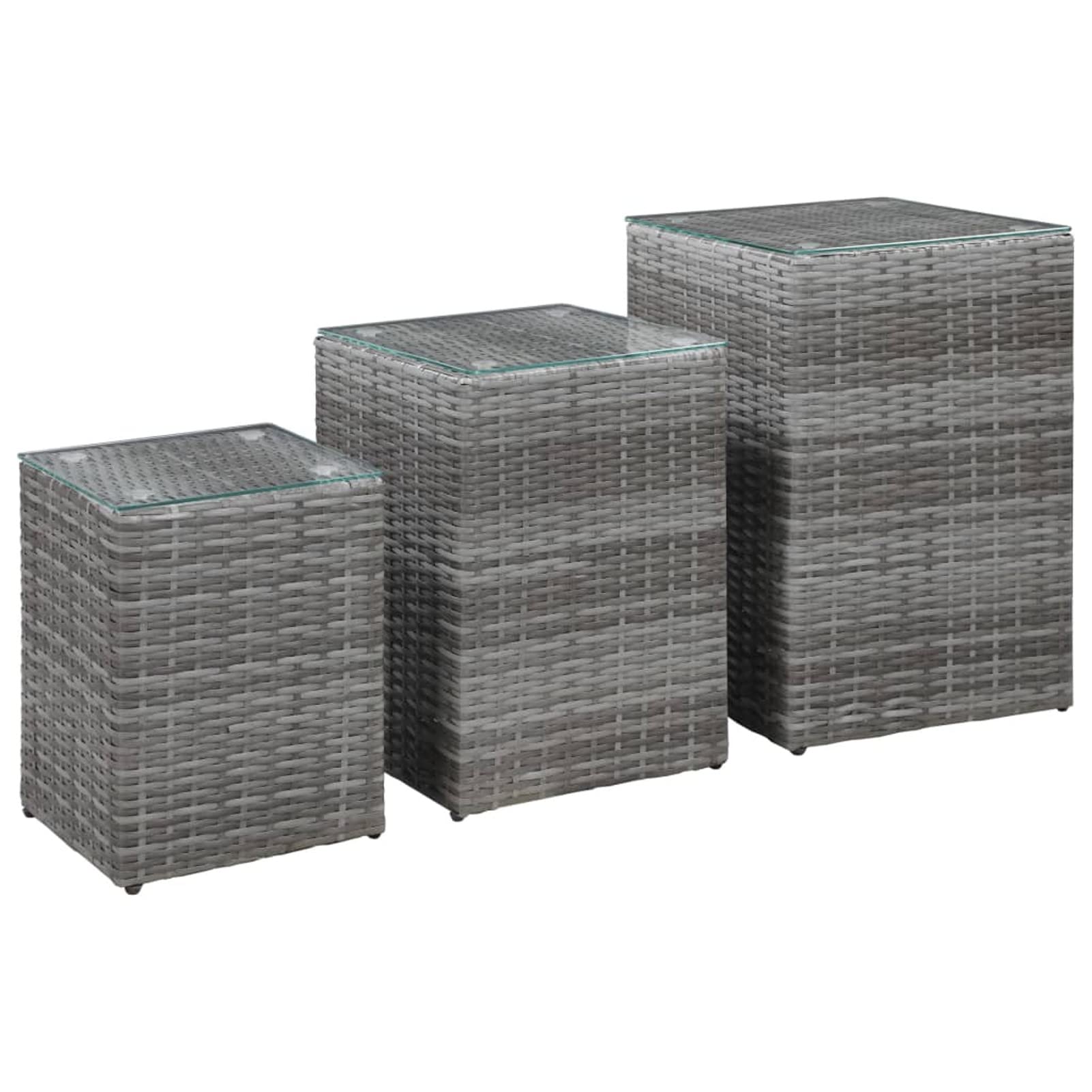 3-Piece Gray Poly Rattan Side Tables with Glass Tops - Modern End Tables for Living Room, Bedroom, or Office Decor
