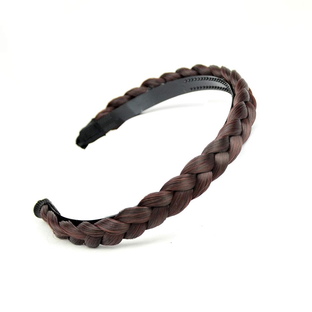 Braided Headband with Teeth - Synthetic Hair Band for Women - Plaited Hair Accessory - Dark Chestnut - Perfect for Workouts, Yoga, and Everyday Styling
