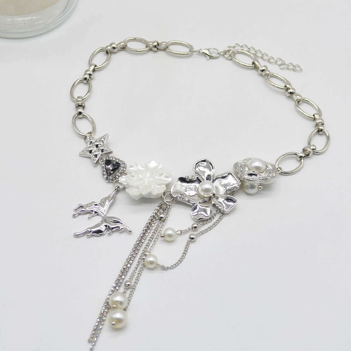 Y2K Metallic Butterfly Pearl Choker Necklace with Tassel - Vintage 90s Retro Fashion Jewelry for Women | Perfect for Parties, Concerts & Festivals