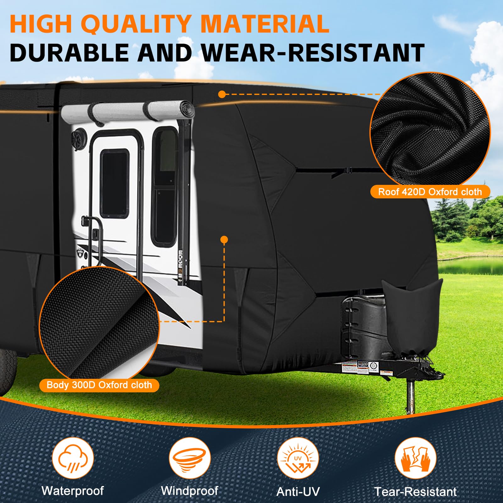 Upgraded Heavy Duty Waterproof RV Cover for 16-18 ft Travel Trailers - Oxford Cloth Camper Cover with 8 Straps & Tongue Jack Protection - UV Resistant Outdoor Storage Solution for Camping, Road Trips & Winter Protection