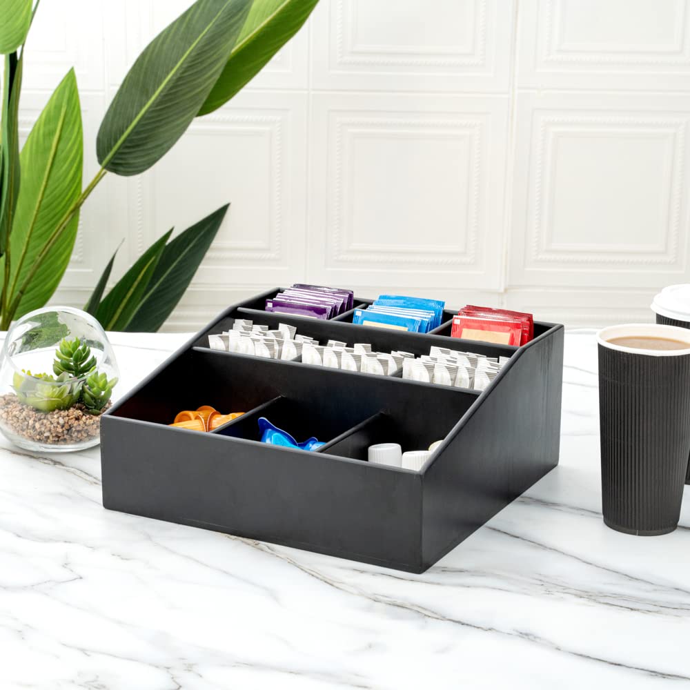 11.75 x 5.5 Inch Black Bamboo Coffee Condiment Organizer with 9 Compartments - Break-Resistant Creamer Caddy for Sugar Packets & Coffee Accessories | Perfect for Restaurants, Cafes & Home Kitchen Countertop Organization