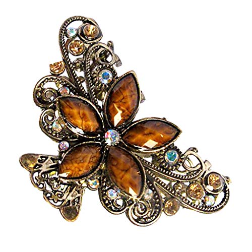 Vintage Metal Crystal Butterfly Flower Hair Clip - Brown Retro Hair Claw Clamps for Women & Girls | Perfect for Weddings, Parties & Everyday Styling
