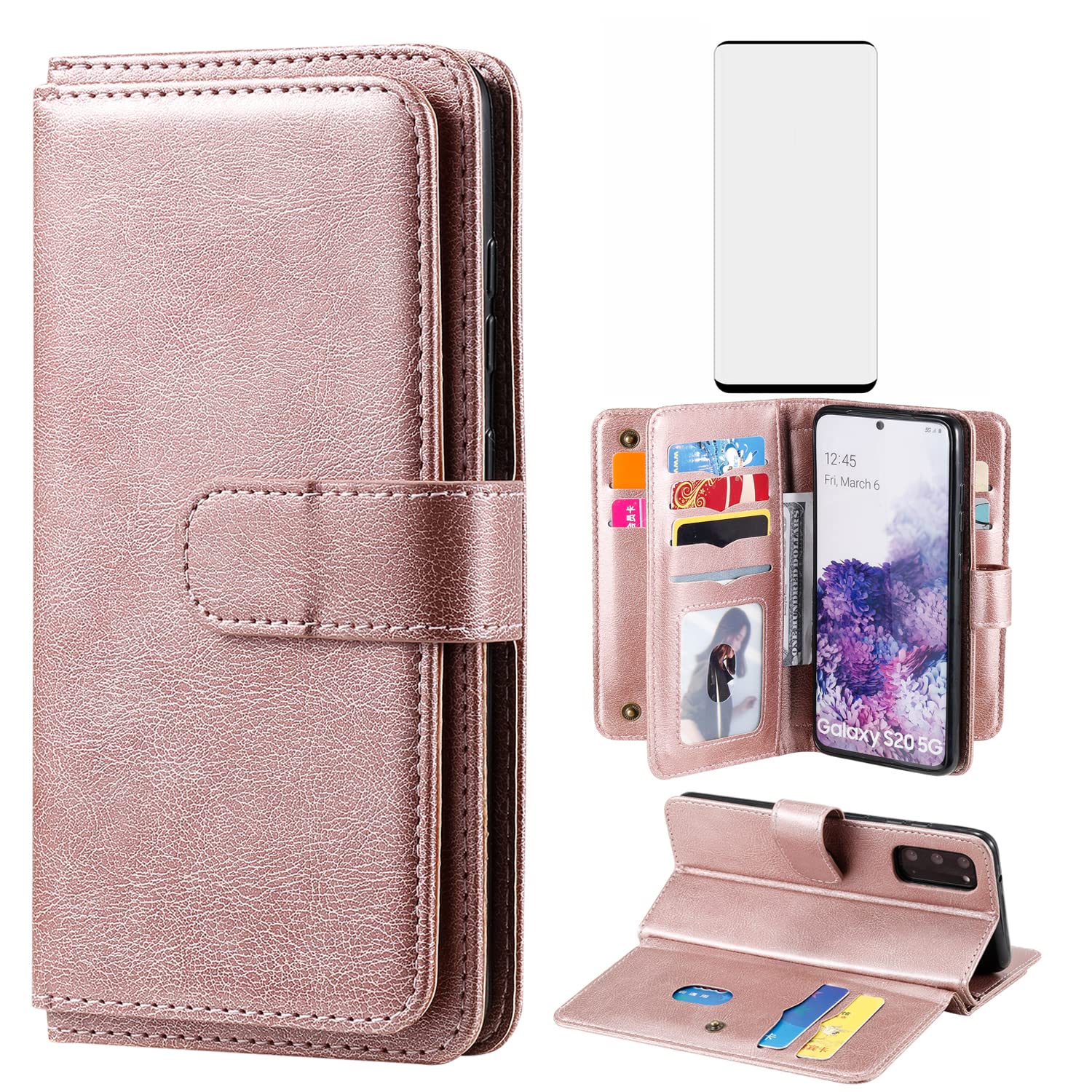 Samsung Galaxy S20 5G UW Wallet Case with Card Holder & Tempered Glass Screen Protector - Flip Folio Cover for Galaxy S20 (6.2 Inch) - Rose Gold | Perfect for Business, Travel & Everyday Protection