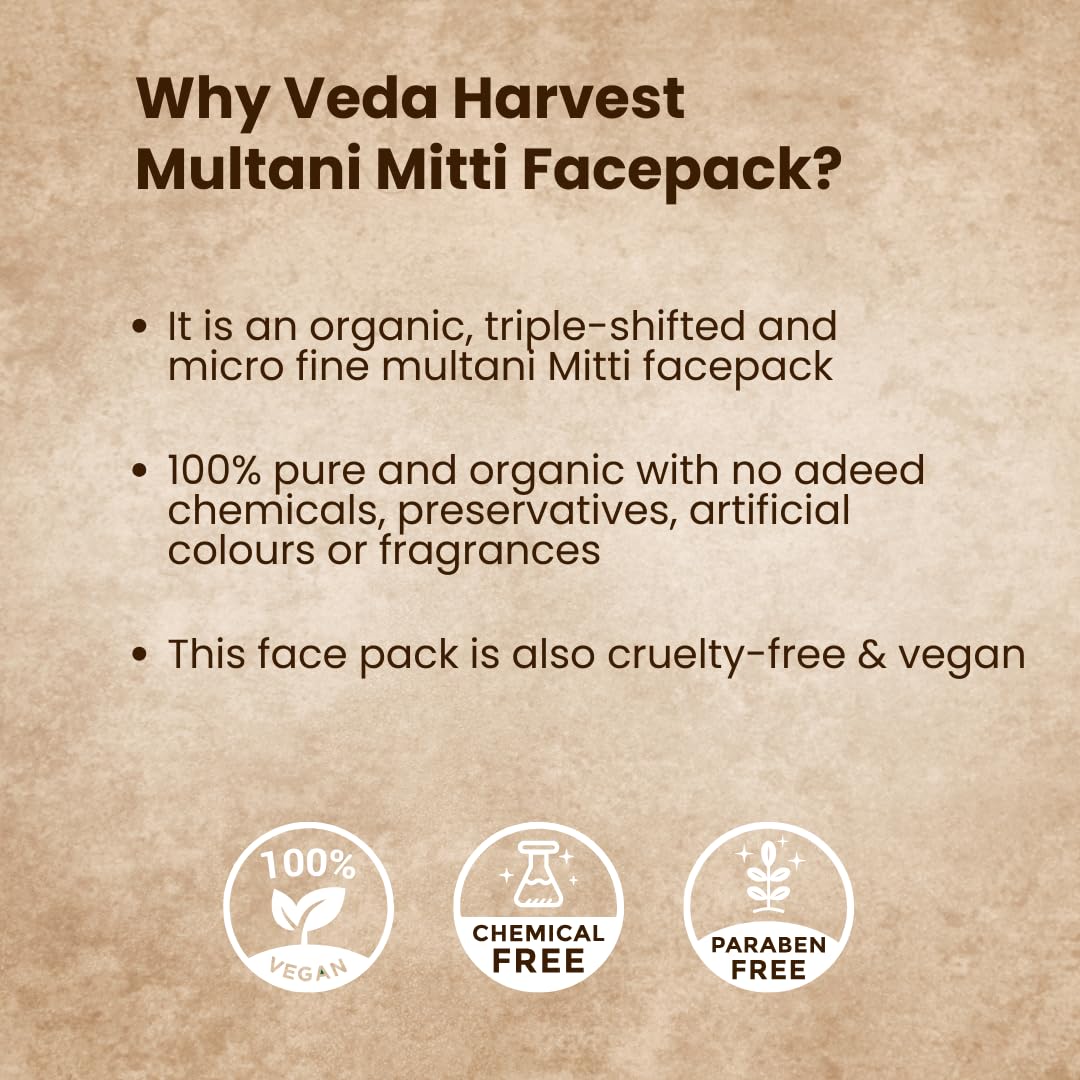 Veda Harvest Multani Mitti Clay Face Mask, 100g | Natural Acne Treatment for Men & Women | Removes Blackheads, Pigmentation | Chemical-Free Ayurvedic Skincare | Perfect for Daily Glow & Detox Routine | Home Spa & Self-Care Essential