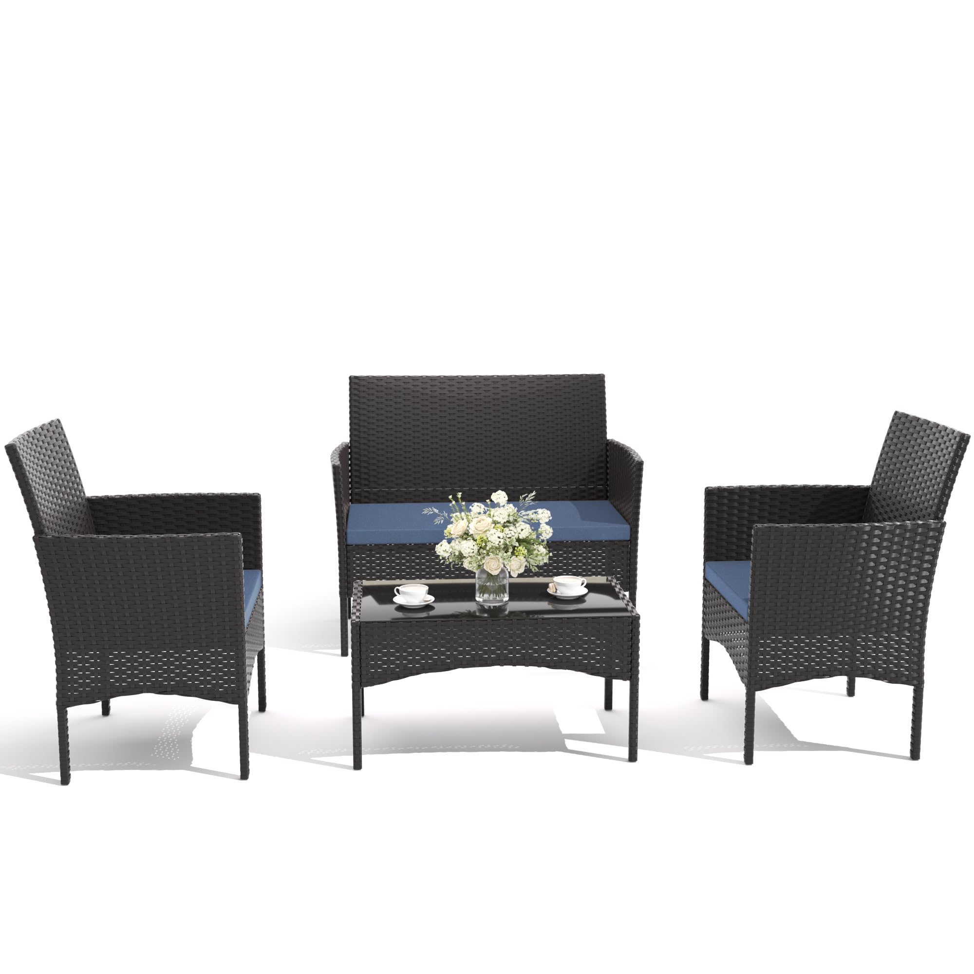4-Piece Outdoor Patio Furniture Set - Durable Rattan Conversation Set with Coffee Table for Backyard, Porch, Poolside - Dark Blue - Perfect for Relaxing & Entertaining Outdoors