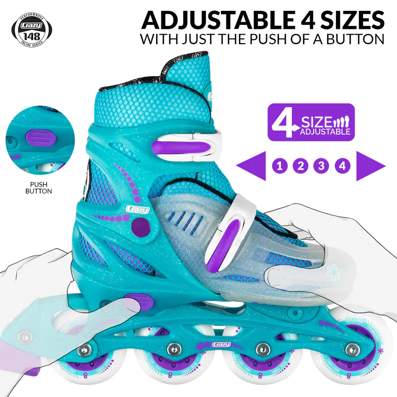 Adjustable Kids Inline Skates - Crazy Skates 148 in Teal | Perfect for Outdoor Play, Birthday Gifts & Roller Skating Lessons