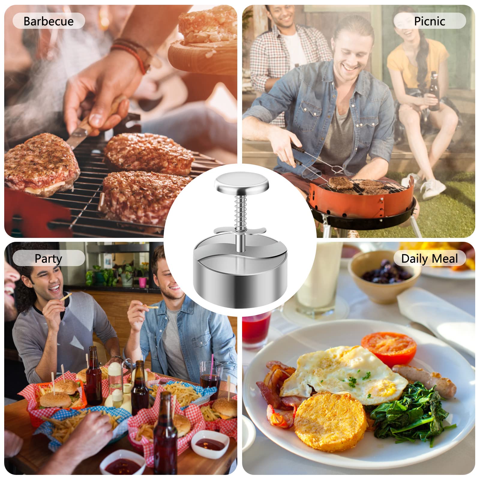 **Stainless Steel Burger Press - Adjustable Hamburger Patty Maker for BBQ & Cooking | 304 Non-Stick & BPA-Free Meat Press for Beef, Burgers & Homemade Hamburgers | Perfect for Grilling, Picnics & Backyard Parties**