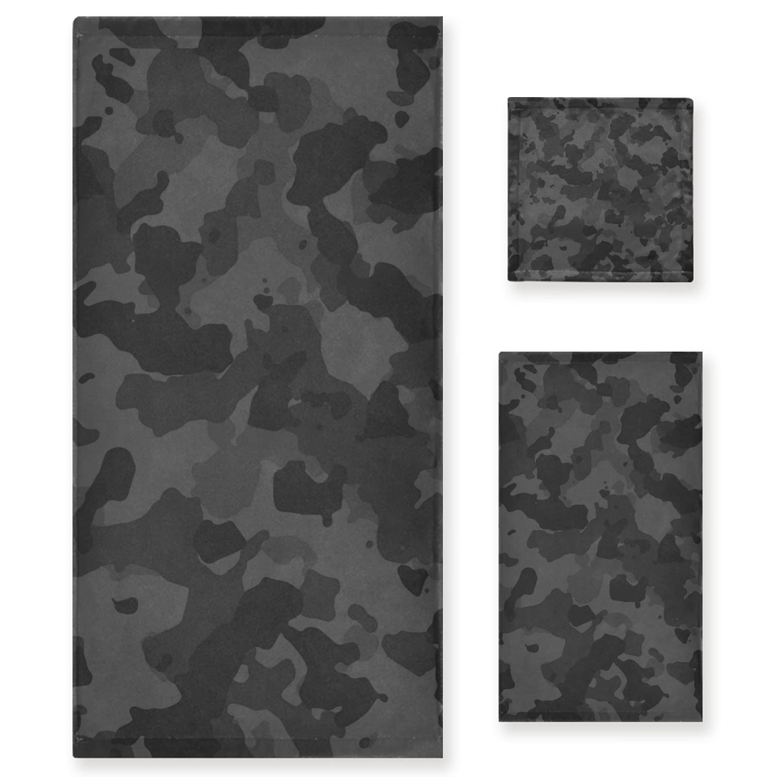Xigua Black Camo Towel Set of 3 - Super Absorbent Bath & Hand Towels for Gym, Shower, Spa & Home Use - Soft Washcloths for Face & Body Care