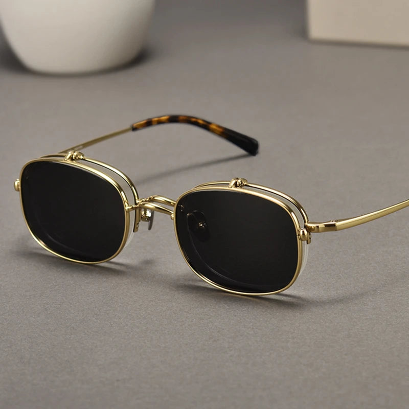 Unisex Black Semi-Rimless Rectangle Titanium Eyeglasses with Clip-On Sunglasses K15 - Stylish & Lightweight for Work, Driving, and Outdoor Activities