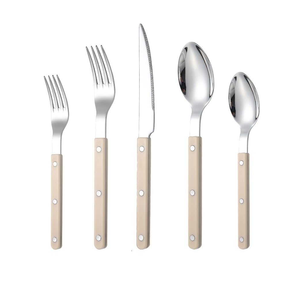Premium 5-Piece Stainless Steel Flatware Set - Rivet ABS Clamp Handle Steak Knife, Fork, Spoon, Teaspoon & Butter Knife - Elegant Beige Western Tableware for Fine Dining, Kitchen & Restaurant Use
