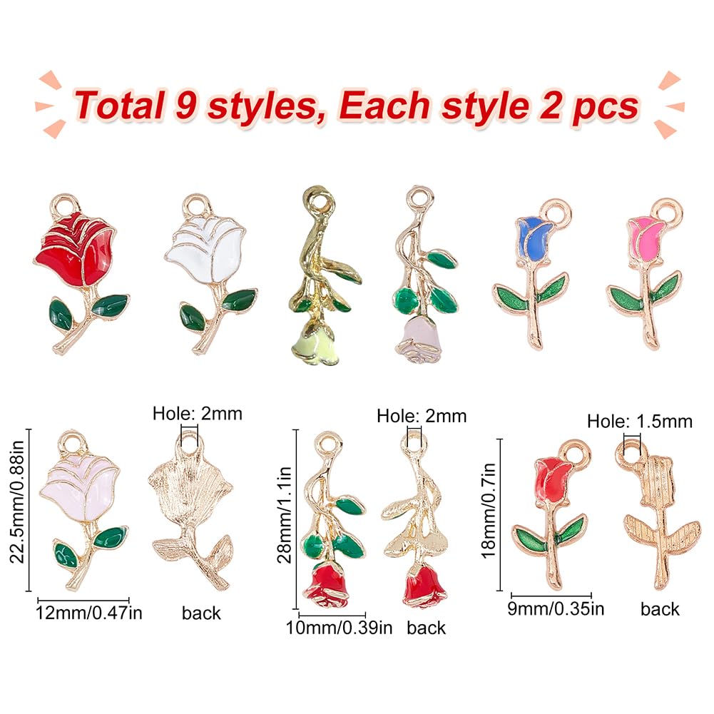 18Pcs Rose Flower Charms - Enamel Love Charms for Jewelry Making, Necklace, Bracelet & Earring Supplies | Valentine's Day Red Rose Pendants for Women DIY Crafting | Perfect for Handmade Gifts, Valentine's Day Presents & Jewelry Design Projects