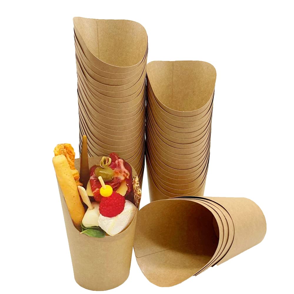 50 Pcs Disposable French Fry Holders - 14oz Kraft Paper Cones for Charcuterie, Popcorn, Waffles & Party Snacks | Eco-Friendly Takeout Cups for Weddings, Baking & Food Serving
