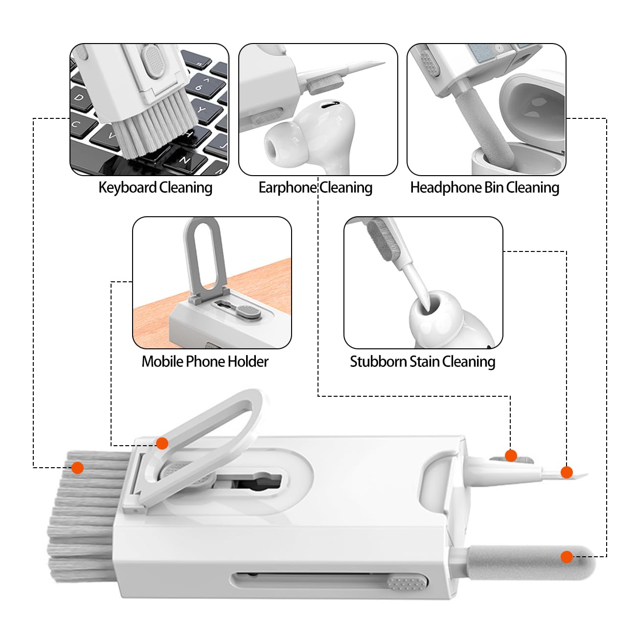 Multipurpose Keyboard Cleaner Kit - 8-in-1 for Laptop, Tablet & Earbuds | Portable Computer Cleaning with Hidden Brushes (White) - Perfect for Office & Travel Use