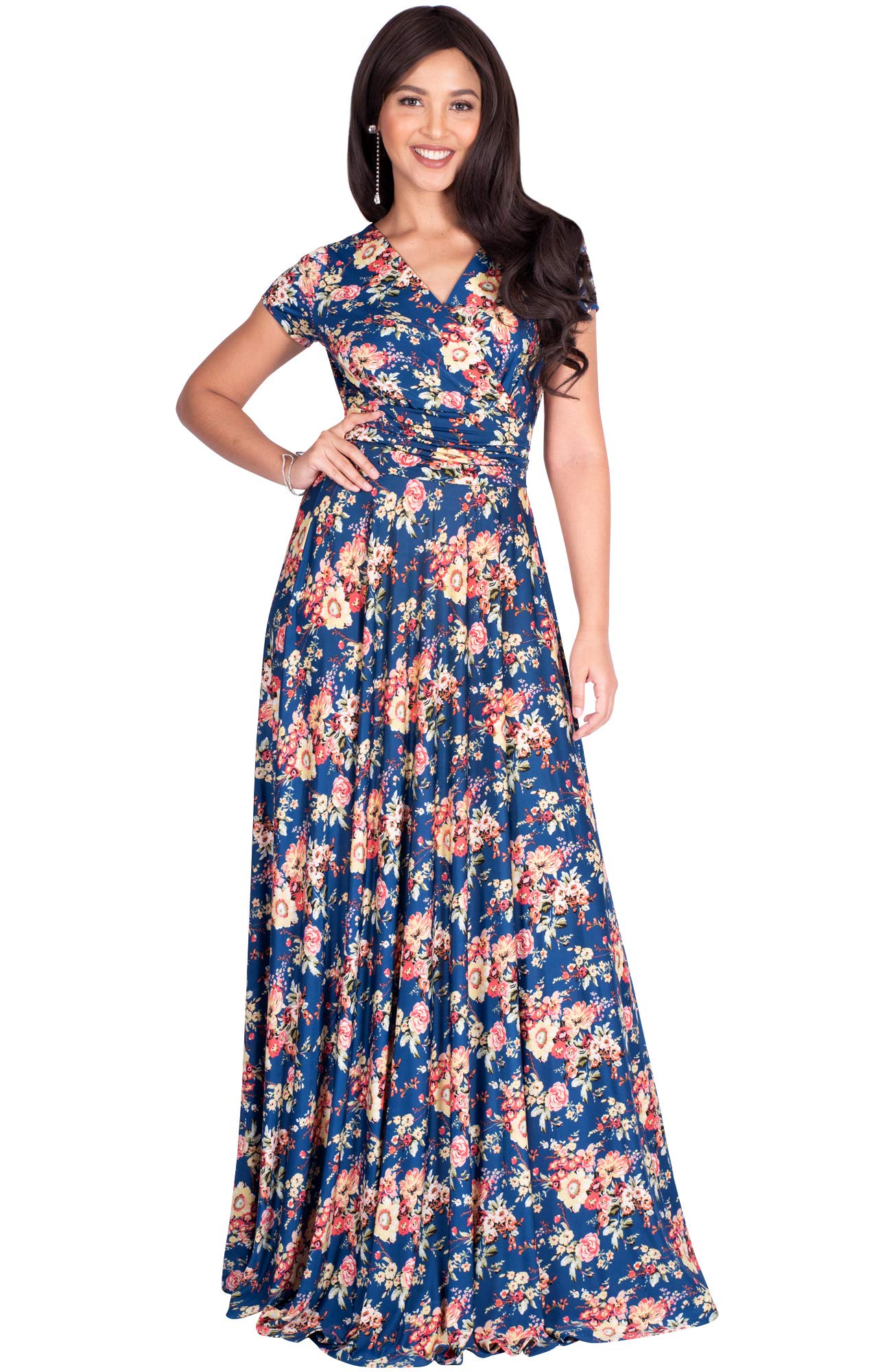 KOH KOH Women's Long Maxi Summer Dress - Floral Print Short Sleeve Flowy Modest Gown for Beach, Vacation & Casual Wear