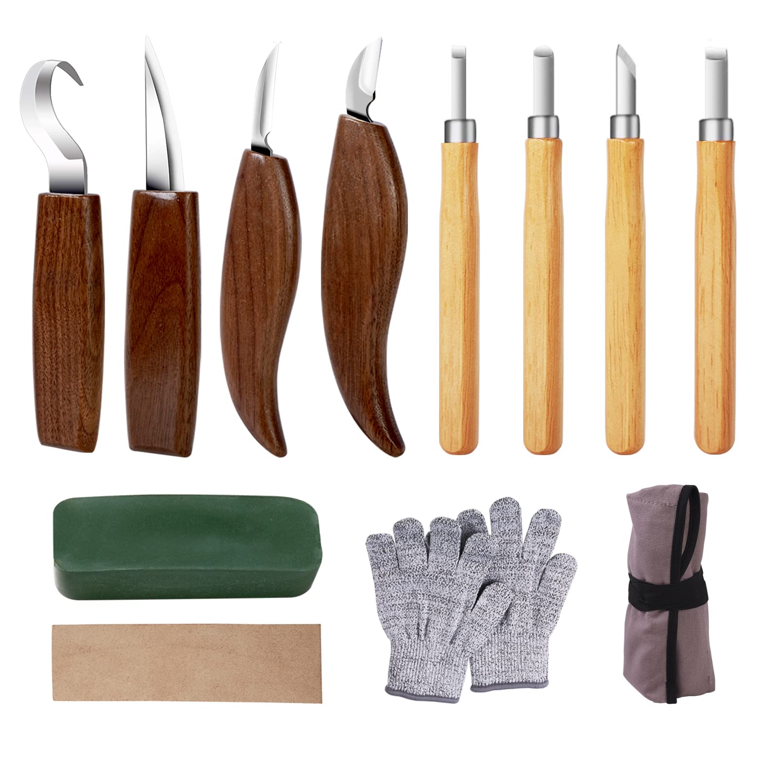 QJIUBA 8-in-1 Wood Carving Kit - Professional Hook Knife, Sloyd Knife, Detail Knife & Chip Carving Knife Set with 4 Bonus Carving Tools & Cut-Resistant Gloves - Perfect for Wood Sculpting, Whittling & DIY Woodworking Projects